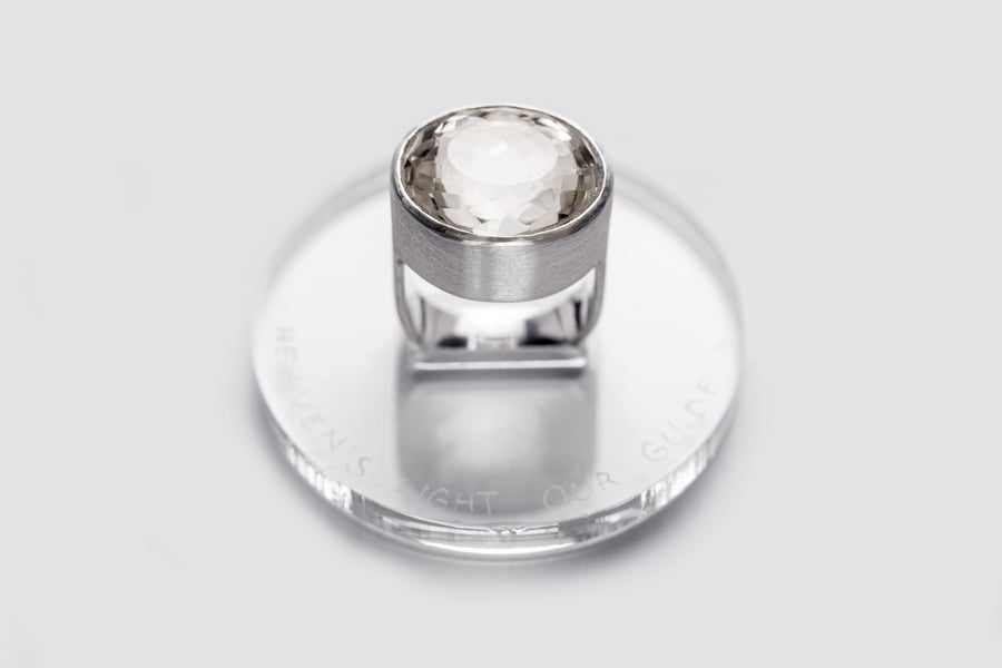 Image of "Heaven's light our guide" silver ring with rock crystal  · COELI LUX NOSTRA DUX · 