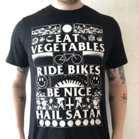 Eat Veg Ride Bikes Be Nice Hail Satan t-shirt