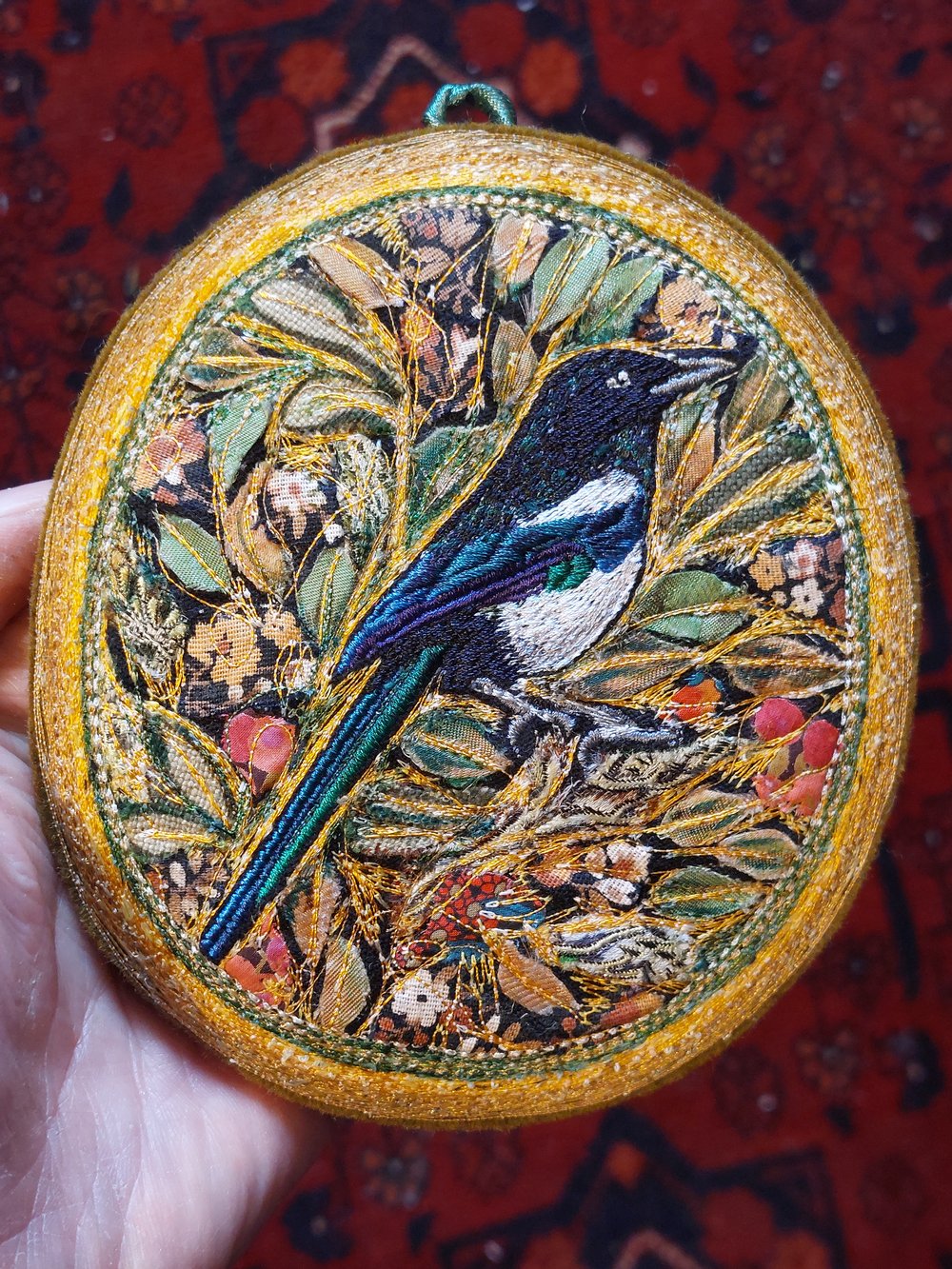 Image of Autumn Magpie miniature embroidery hanging