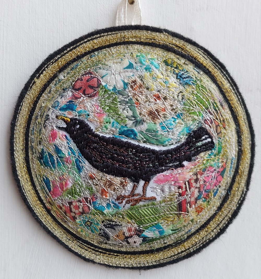Image of Singing Blackbird miniature embroidery hanging