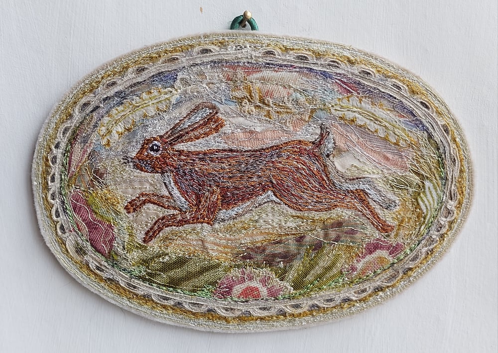 Image of Running Hare miniature embroidery hanging 