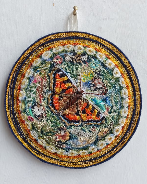 Image of Small Tortoishell Butterfly embroidery hanging