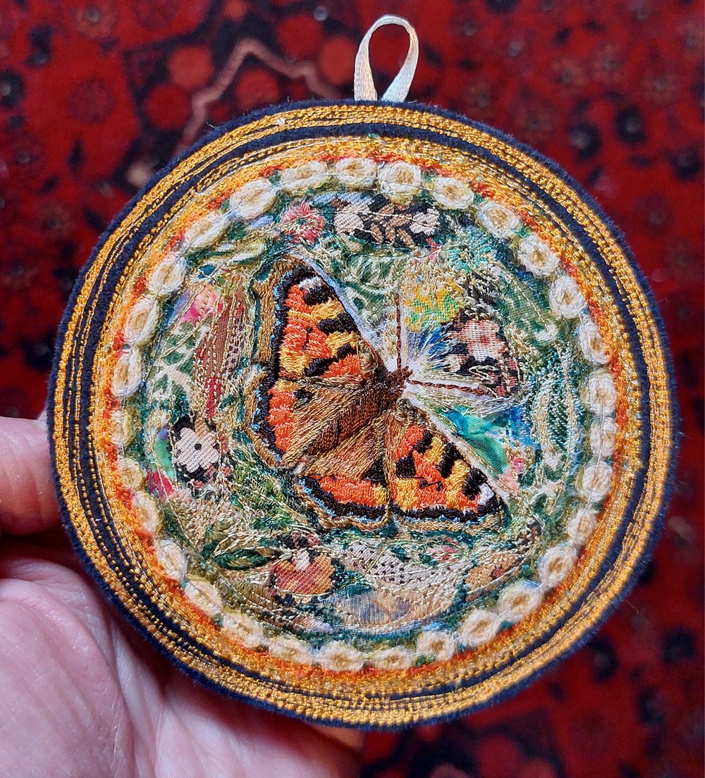 Image of Small Tortoishell Butterfly embroidery hanging