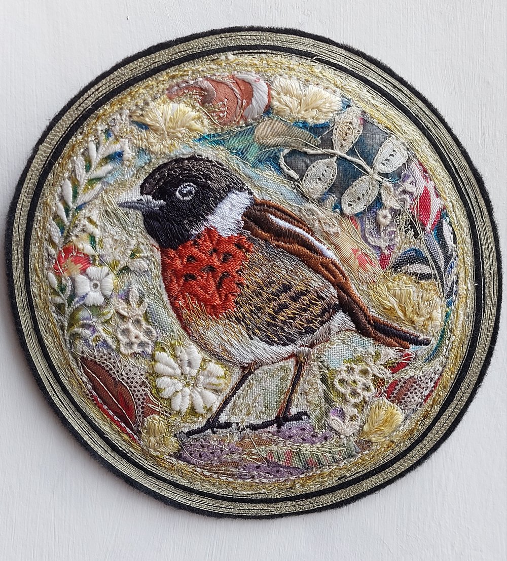 Image of Stonechat miniature embroidery hanging 