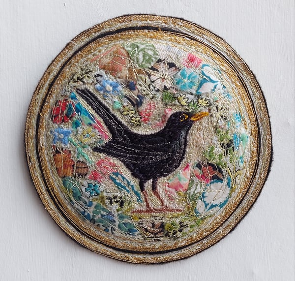 Image of Garden Blackbird miniature embroidery hanging