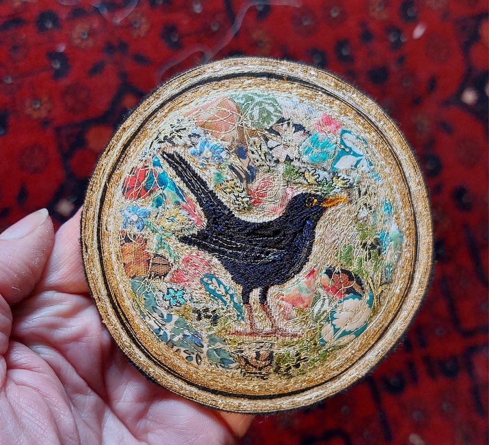 Image of Garden Blackbird miniature embroidery hanging