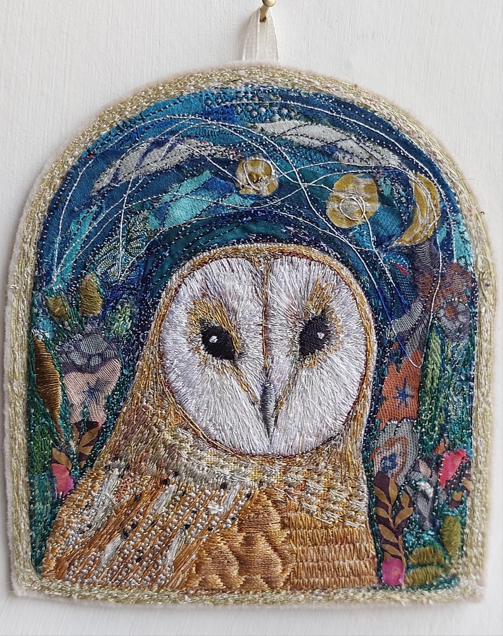 Image of Barn Owl Window miniature embroidery hanging 
