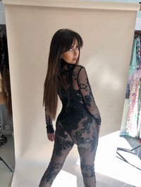 Image 5 of Black Sequin Floral French Lace Catsuit 