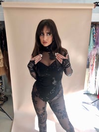 Image 4 of Black Sequin Floral French Lace Catsuit 