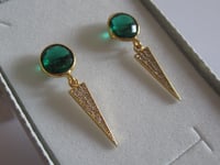 Image 3 of Meghan Markle Duchess of Sussex Inspired Emerald and Gold Arrowhead Drop Earrings May Birthstone