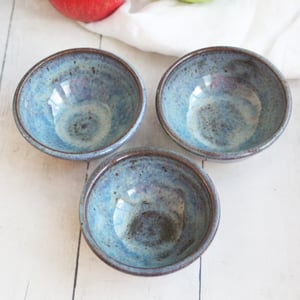 Image of Three Small Rustic Blue Ceramic Pottery Bowls, Kitchen Prep Handcrafted Made in USA