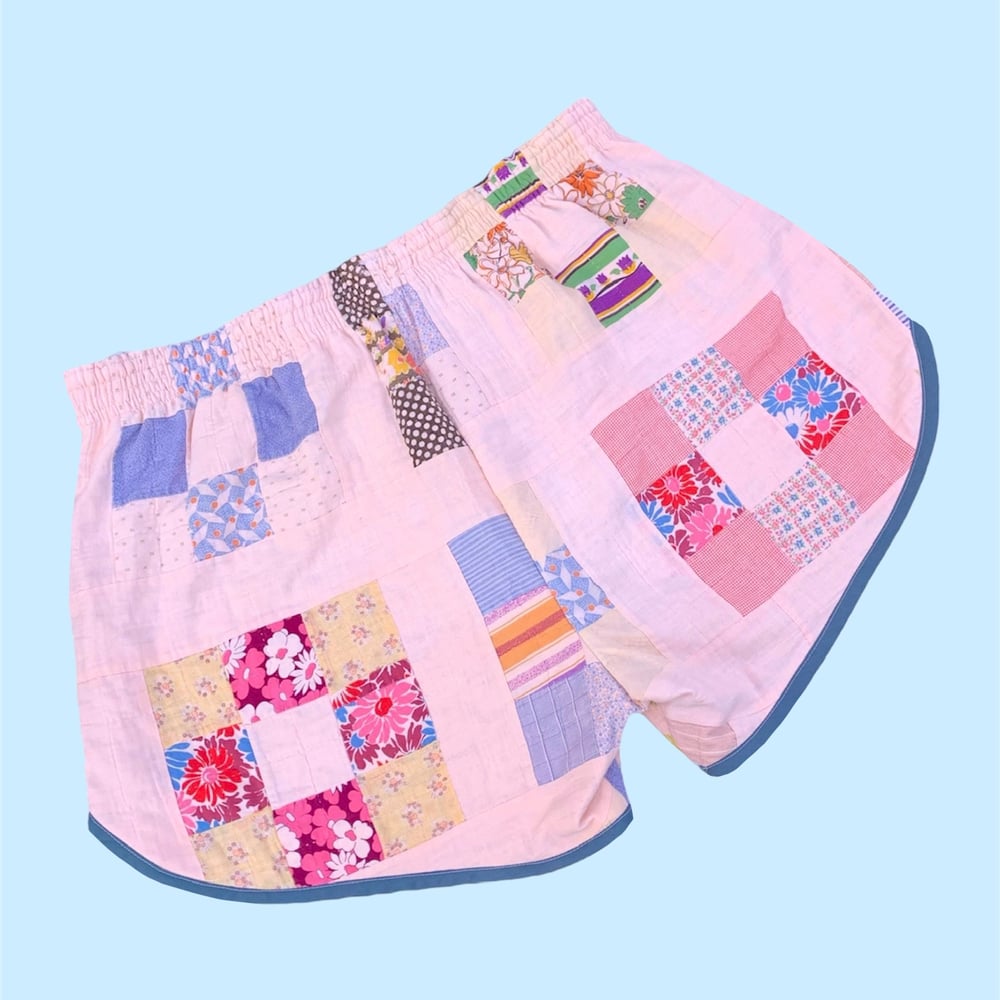 Image of Retro Quilt Shorts — Blue & Pink Patchwork