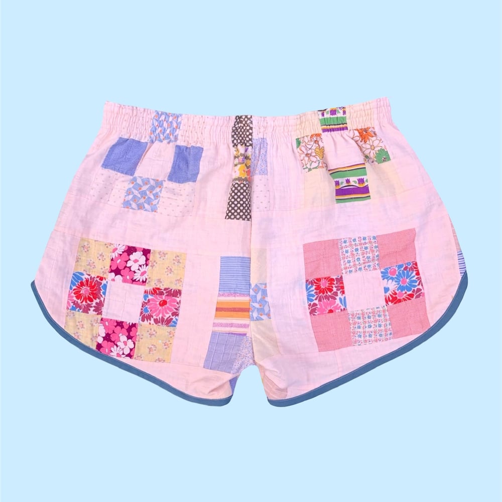 Image of Retro Quilt Shorts — Blue & Pink Patchwork