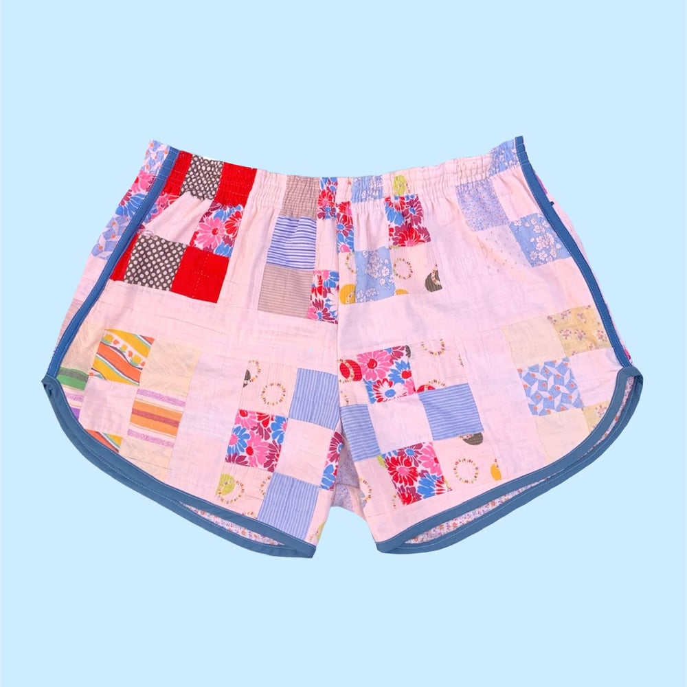 Image of Retro Quilt Shorts — Blue & Pink Patchwork