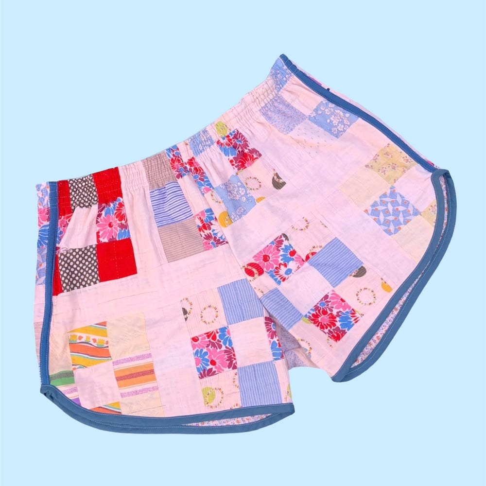 Image of Retro Quilt Shorts — Blue & Pink Patchwork