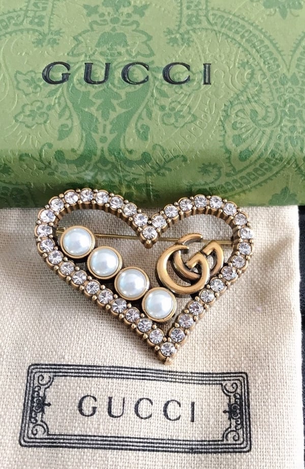 Image of Dazzle GG Heart Rhinestone and Pearls Brooch