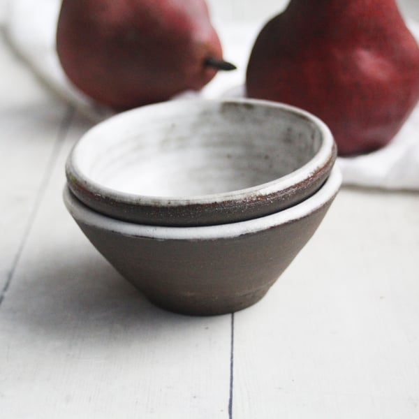 Image of Pair of Two Small Rustic Bowls - Chocolate and Marshmallow Raw Stone Ceramic Bowls, Made in USA 