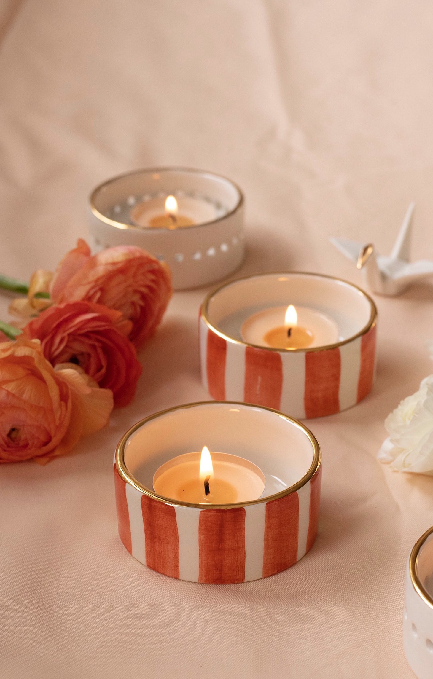 Image of STRIPED TERRACOTTA TEALIGHTS - Set of Two