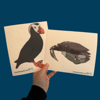 Image 1 of Swedish Dish Towel Grey Whale, Tufted Puffin, and Dungeness Crab 