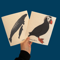 Image 2 of Swedish Dish Towel Grey Whale, Tufted Puffin, and Dungeness Crab 
