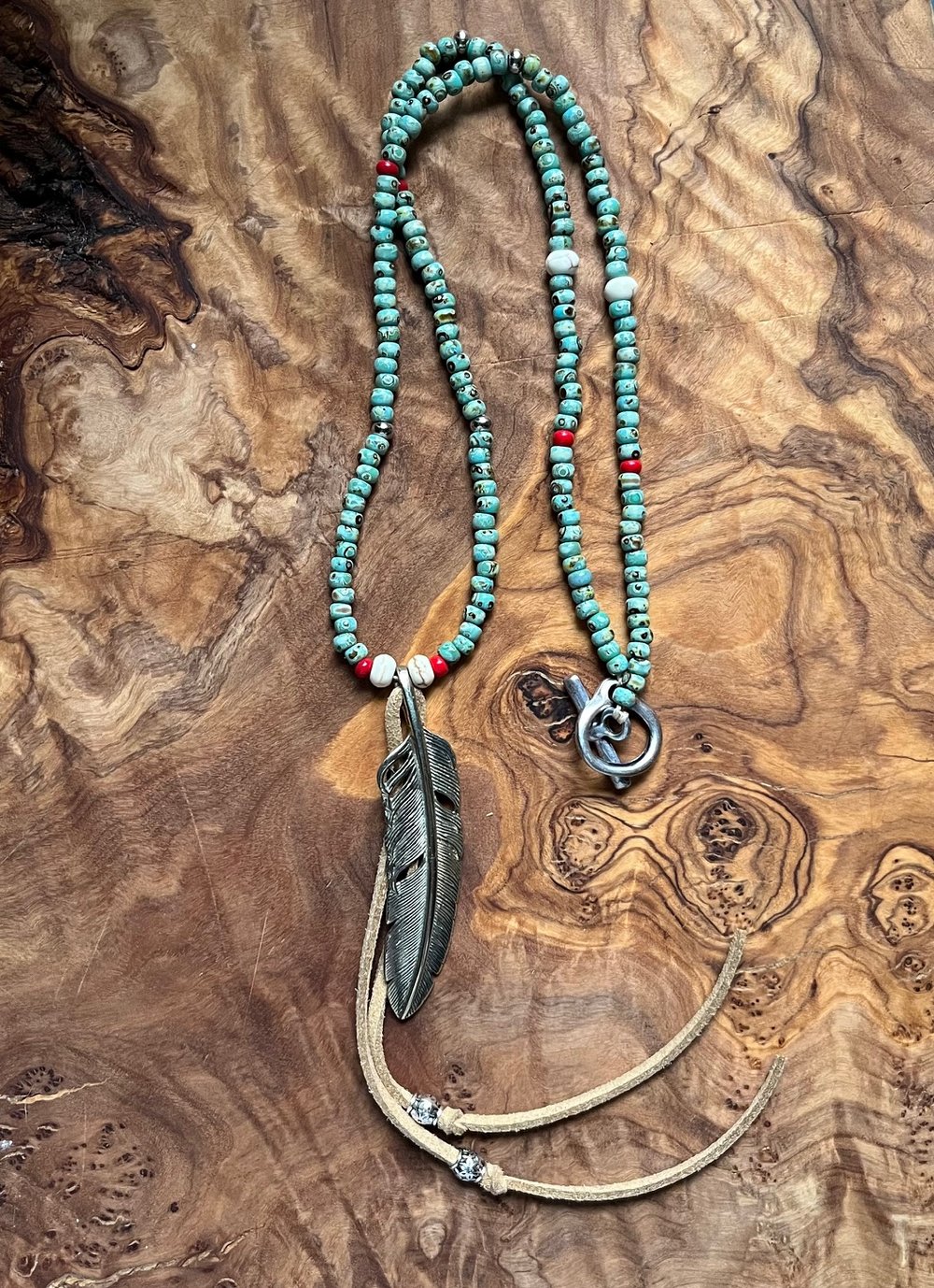 Image of Glass bead necklace with German silver feather