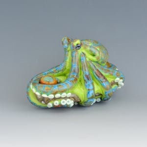 Image of XXXL. Reticulated Lime Green Octopus - Lampwork Glass Sculpture Pendant Bead or Paperweight
