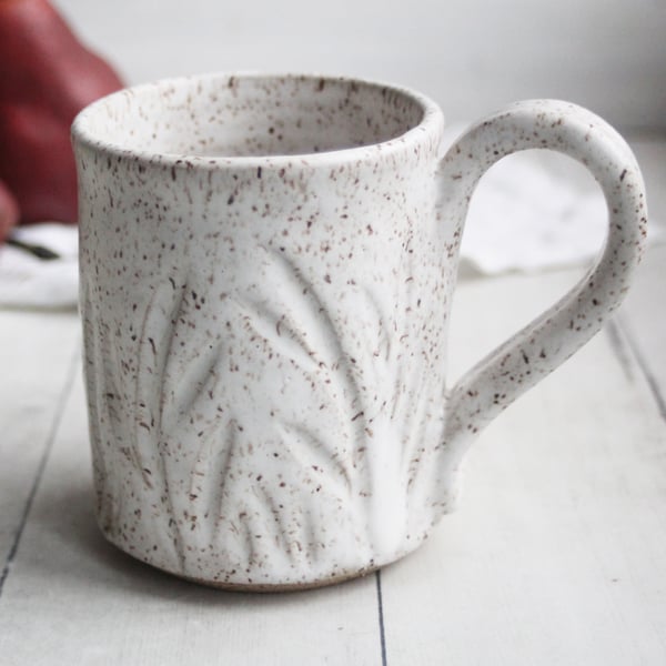 Image of Satin White Speckled Stoneware Mug, 12 Ounce, Hand Carved Floral Design, Made in USA