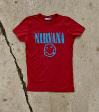 Image 1 of Nirvana Smiley Face red ladies fit tee