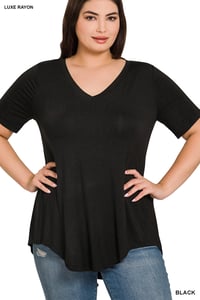 Image 1 of PLUS LUXE RAYON SHORT SLEEVE V-NECK HI-LOW HEM TOP