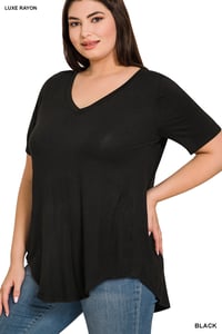 Image 2 of PLUS LUXE RAYON SHORT SLEEVE V-NECK HI-LOW HEM TOP