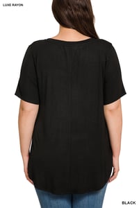 Image 3 of PLUS LUXE RAYON SHORT SLEEVE V-NECK HI-LOW HEM TOP