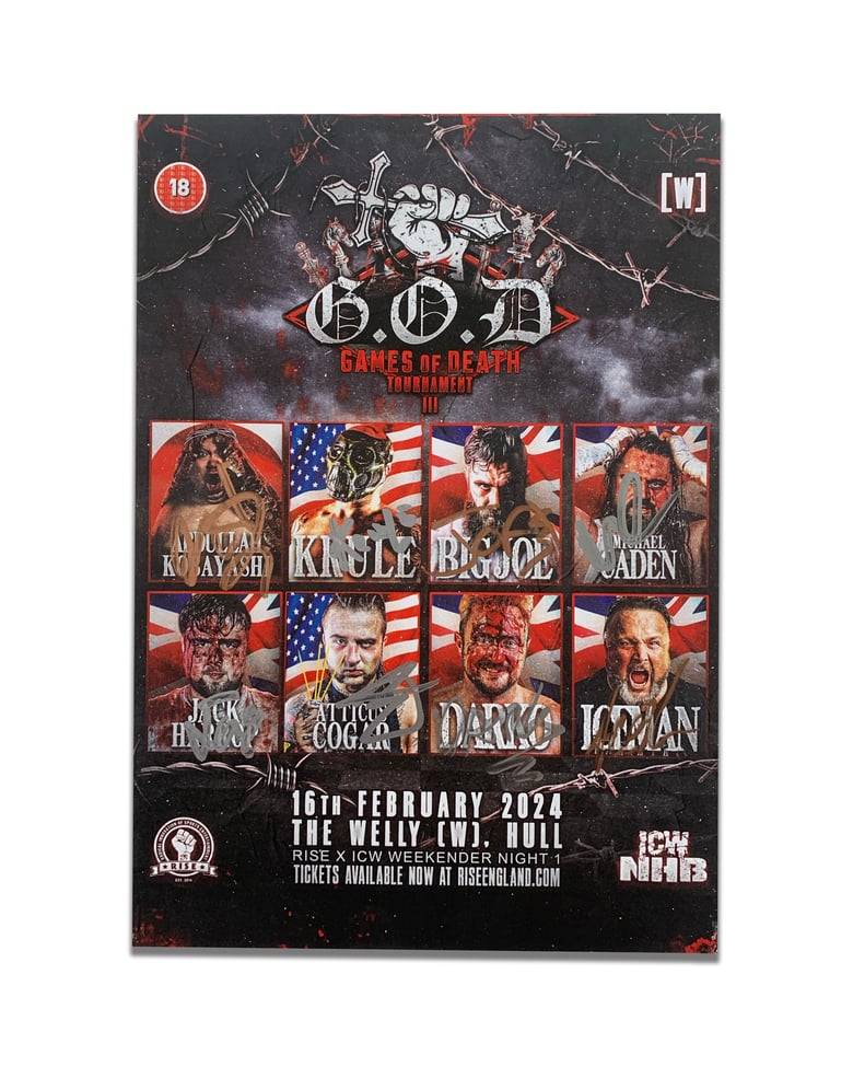 Image of G.O.D Games of Death Official 2024 Tournament Lineup Event Poster. Free Postage.