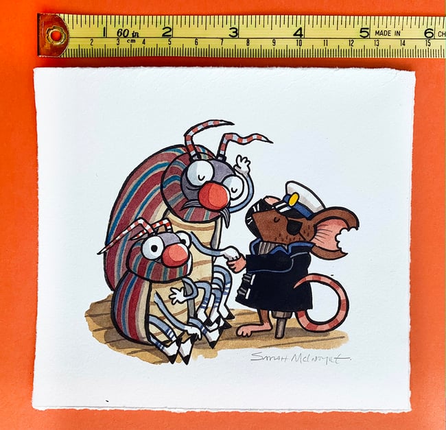 Mice on the Moon original artwork: Skippr salutes the Messenger Beetles