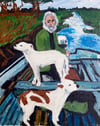 Man in boat with dogs .