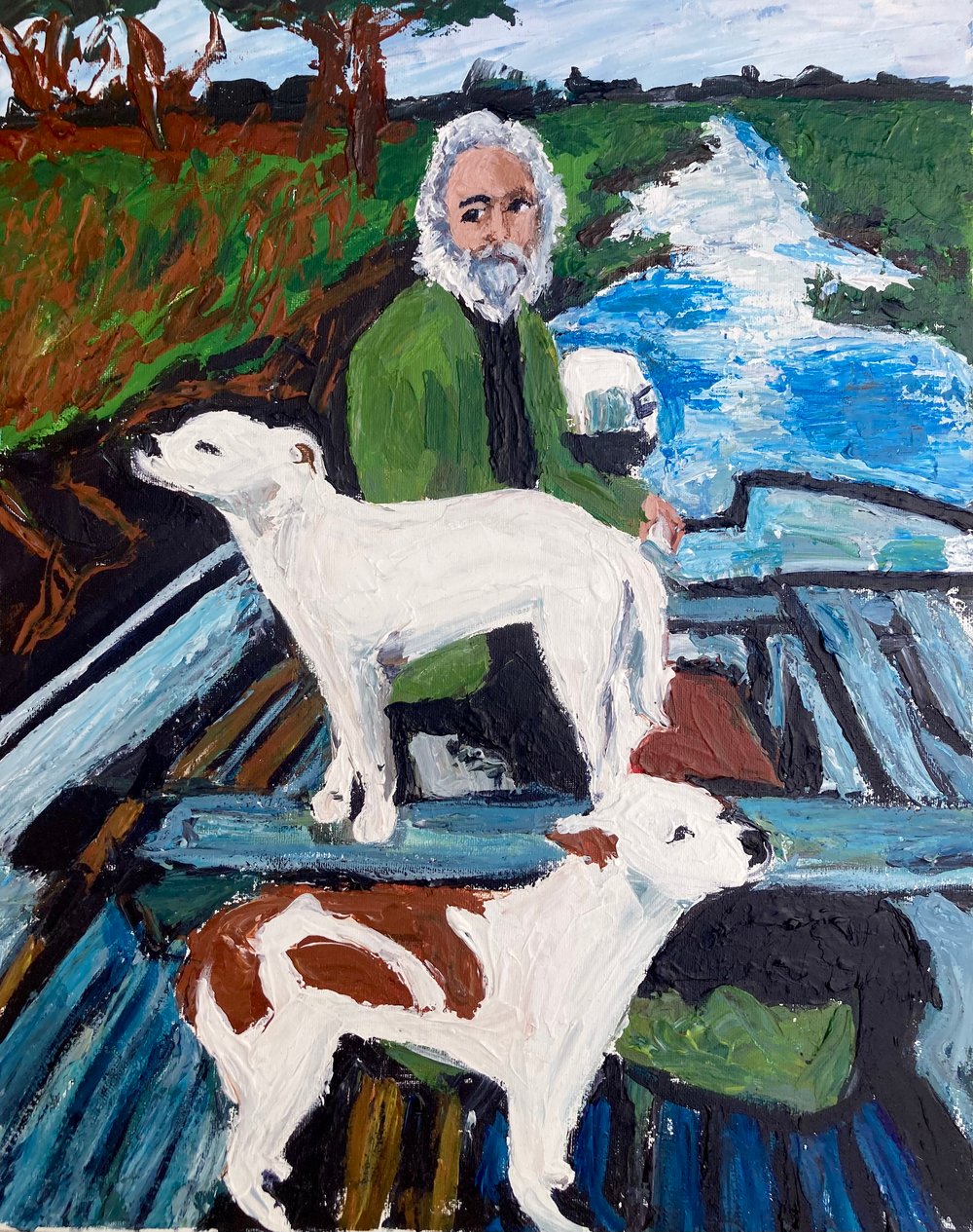 Image of Man in boat with dogs .