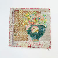 Image 1 of Artwork original - Hand stitched collage. Vase of flowers - Wall art. Unique textile art