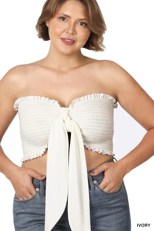 Image of 3PACK PLUS SIZE SMOCKED TIE FRONT TUBE TOP