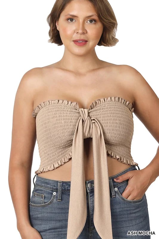 Image of 3PACK PLUS SIZE SMOCKED TIE FRONT TUBE TOP