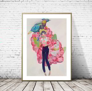 Image of Aya Takano - Nepalese rug Himalayan monal, rhododendron, festival of Dog, Fine Art Giclee Print