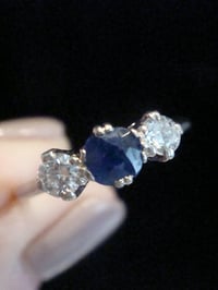 Image 2 of Edwardian 18ct yellow gold old cut diamond 0.30ct natural sapphire 3 stone ring