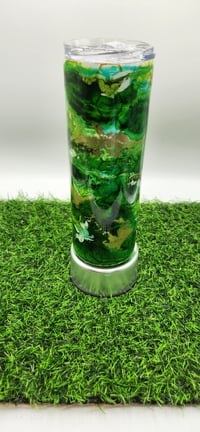 Image 1 of Multi -green ink drop swirl with honeycomb background. 