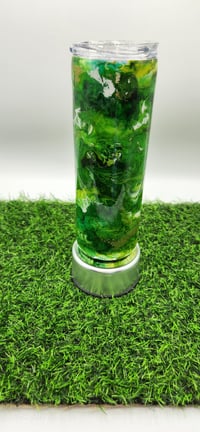 Image 2 of Multi -green ink drop swirl with honeycomb background. 