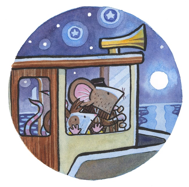 Mice on the Moon original art: Setting off to Scrabble Island