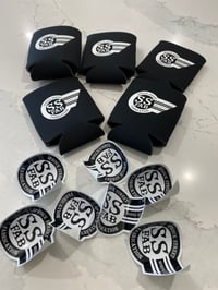 5 koozies and 5 stickers