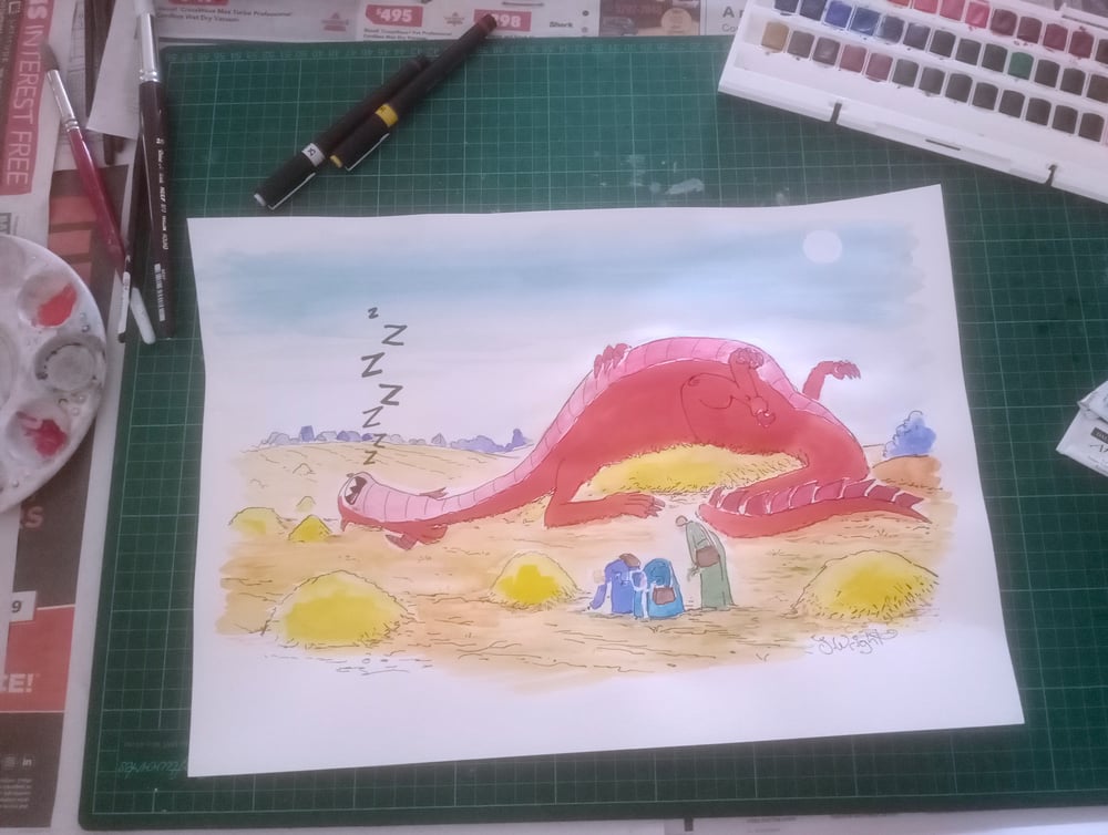 Image of Pen & watercolour - "Wyrm in Repose"
