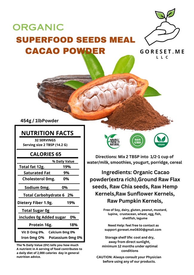 ORGANIC SUPERFOOD SEEDS MEAL CACAO POWDER