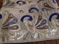 Image 2 of Gold and Blue Sequined Peacock Trim - 10cm wide x 3m