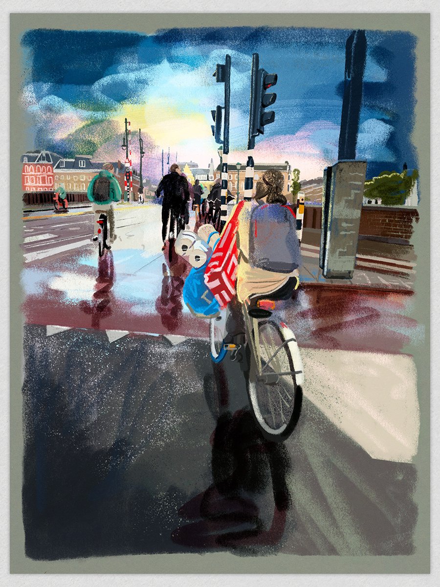 Cyclists of Amsterdam - Red bag, Nieuwe Amstelbrug - Giclée print
