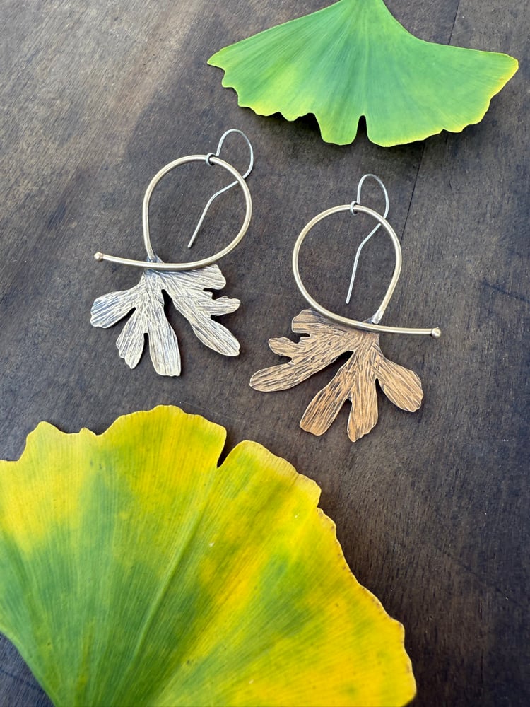 Image of Funky Ginkgo Shape Brass Statement Hoops