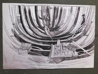 Print of a pencil drawing. ' Framing in the bow'